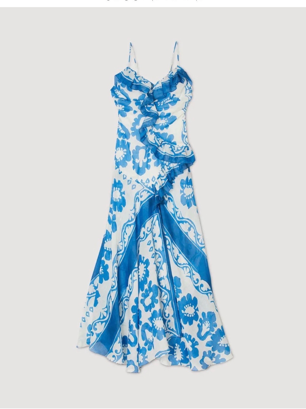 Sandro Blue Floral Ruffle Slip Dress
